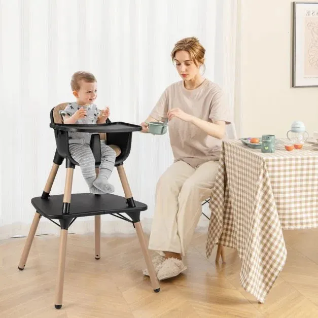 5-In-1 Wooden Baby High Chair & Childrens Table & Chair | 5 Point Harness | Black & Beige | 6m - 3 Years