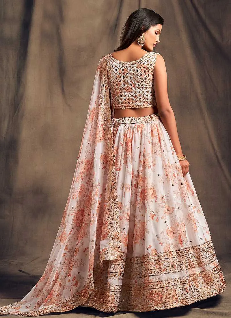 Off White Floral Printed Stylish Embroidered Lehenga Choli