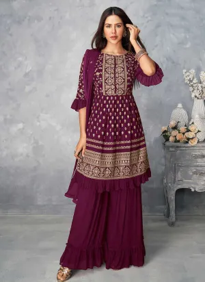Purple and Gold Heavy Embroidered Stylish Palazzo Suit